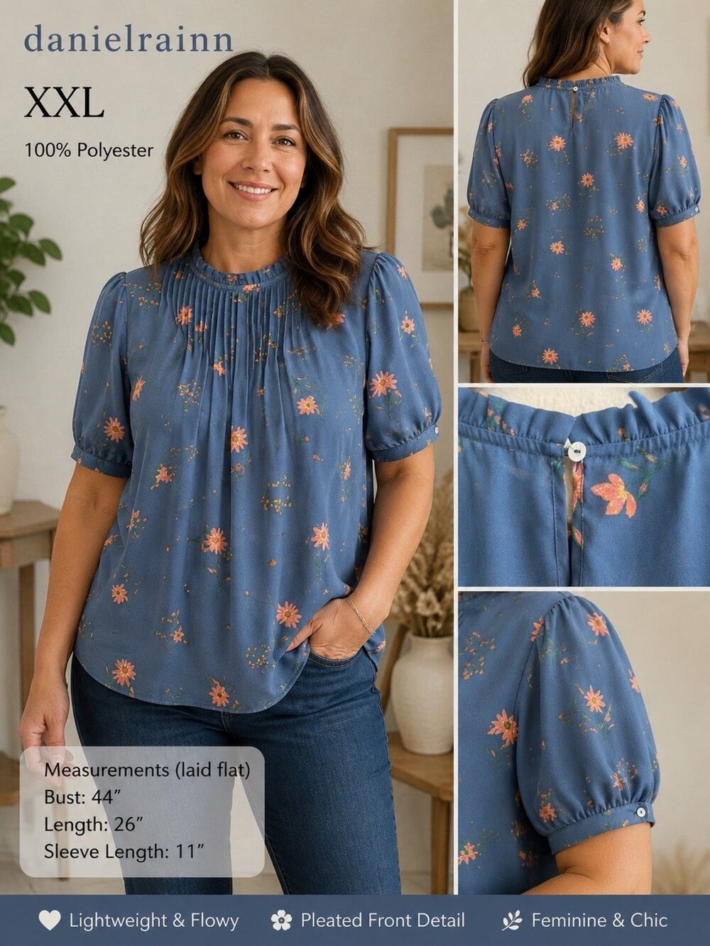 Danielrainn Navy Blue Pleated Ruffle Neck With Orange Floral Print Blouse XXL